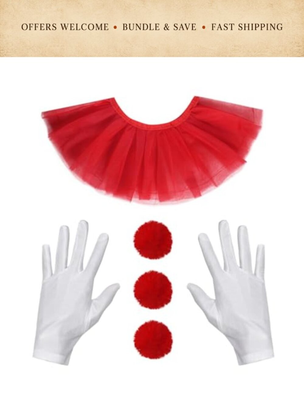Clown Costume Accessory Set Neck Ruffle Collar White Gloves Pompom Buttons